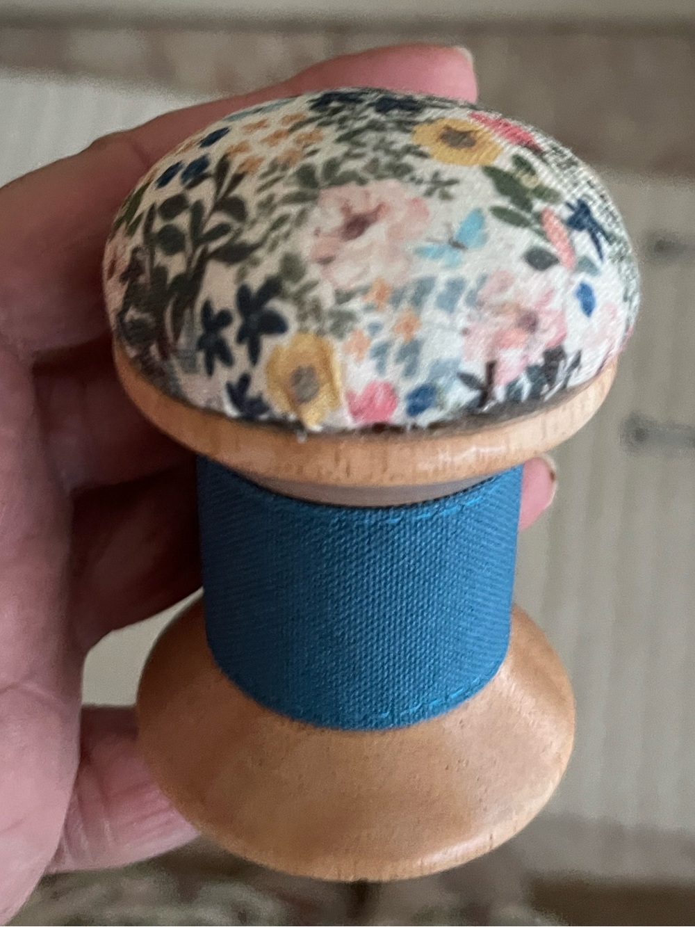 Vintage-Style Floral Pin Cushion on wooden bobbin Spool Cottagecore